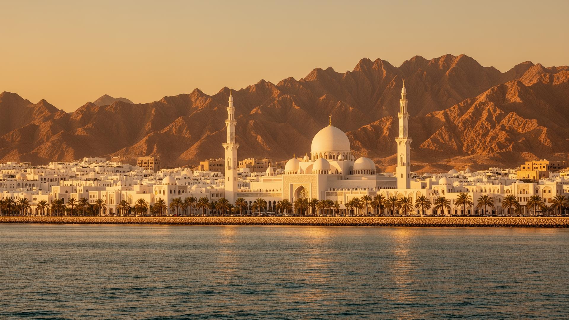 Muscat skyline at golden hour with the Hajar mountains